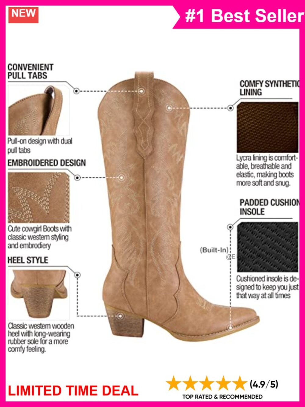 Knee High Cowboy Boots Pointed Toe Stacked Heel Western Womens - Picture 3 of 6